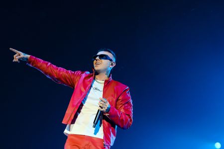 The Italian rapper Lazza pseudonym of Jacopo Lazzari, performs on the stage of the PalaAlpitour with his new OuverTour Summer 2023.