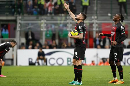 Italy, Milan, may 20 2023: Olivier Giroud (AC Milan striker) scores and celebrates the 5-1 goal at 68' during soccer game AC Milan vs Sampdoria, Serie A Tim 2022-2023 day36 San Siro stadium
