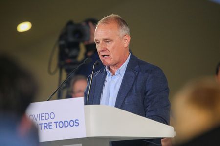 The candidate for President of the Principality of Asturias for the Partido Popular, Diego Canga makes his speech during the Partido Popular rally at the Palace of Exhibitions and Congresses City of Oviedo.