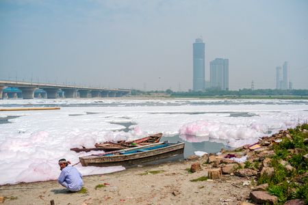 A general view of the Yamuna river, which is filled toxic foams caused by industrial and domestic wastes on the World Water Day in New Delhi, India on March 22, 2023.
The national capital is a major culprit in the pollution of the Yamuna, accounting for about 79 per cent of the total waste water that is poured into the river by the major towns along its banks. The world marks World Water Day on March 22 every year..