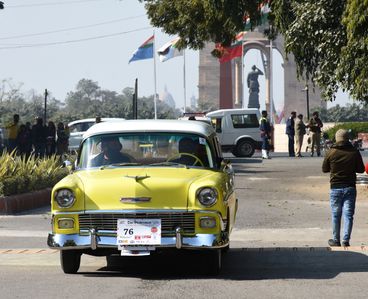 an old classic car near india gate during 56th statesman vintage car rally in new delhi.