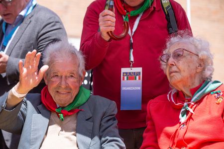 Italian partisans Mario Di Maio and Iole Mancini on stage at Porta San Paolo during the demonstration for the Liberation Day in Rome