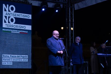 The Minister of Culture Gennaro Sangiuliano speaks at the demonstration organized in Piazza del Popolo in Rome by the Jewish Community of Rome