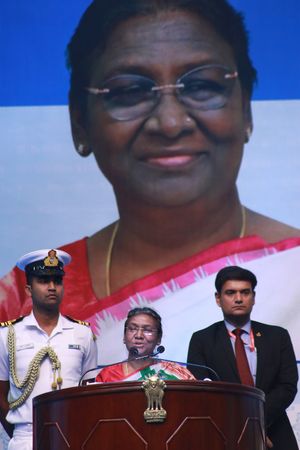 India's President Droupadi Murmu addresses during a special felicitation ceremony organised in her honour in Kolkata on March 27, 2023.