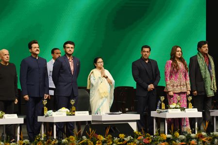 Left side to Film Director Mahesh Bhatt,Actor Anil Kapoor,Former Indian Cricketer Sourav Ganguly,West Bengal CM Mamata Banerjee,Bolly Actors Salman Khan,Sonakshi Sinha and Shatrughan Sinha, are singing their national anthem at The inauguration of the 29th Kolkata International Film Festival in Kolkata, India, on December 5, 2023.