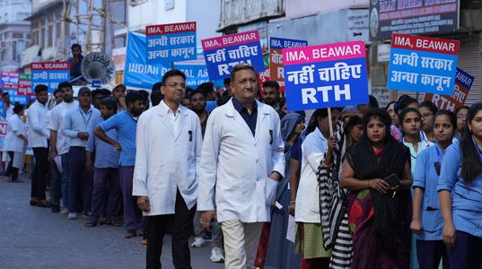 Doctors and health workers take out a protest rally against the Rajasthan Right to Health Bill, in Beawar. The bill, which was passed in the Rajasthan Assembly on March 21 by voice vote, gives every resident of the state the right to emergency treatment and care "without prepayment of requisite fee or charges" by any public health institution, health care establishment and designated health care centres.