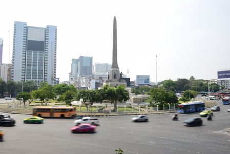 The traffic view On Victory Monument, Khet Ratchathewi, Bangkok, on April 17, 2023. Which the government has designated as a special holiday, During the Thai New Year or Songkran Festival.