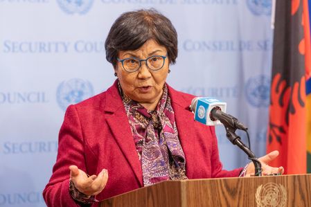 Roza Isakovna Otunbayeva, Special Representative of the Secretary-General for Afghanistan and Head of the United Nations Assistance Mission in Afghanistan speaks to reporters after the Security Council meeting on the situation in Afghanistan at UN Headquarters. She specifically spoke about women's rights and education of girls.