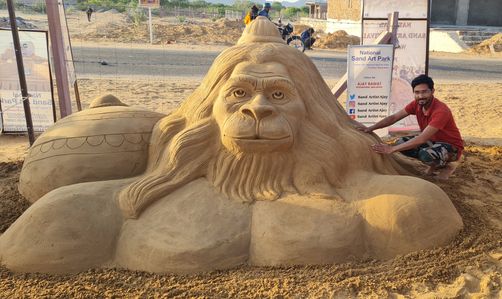 A sand art of Lord Hanuman created by sand artist Ajay Rawat on the occasion of Hanuman Jayanti (birth anniversary) in Pushkar.
