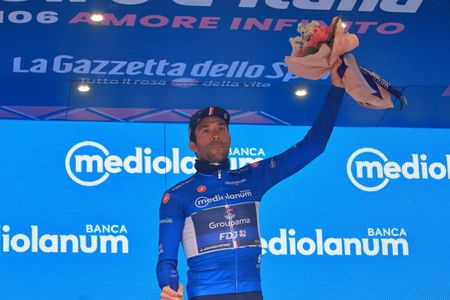 Salerno , Italy - May 10 , 2023:Seen Thibaut Pinot , Maglia Azzurra , at stage 5 , of the team Equipu cycliste Groupama. Stage number 5 of the Giro d'Italia di Ciclismo. Stage 171 km from Atripalda to Salerno. Seen many fans with flags and hats to celebrate the arrival of cyclists.