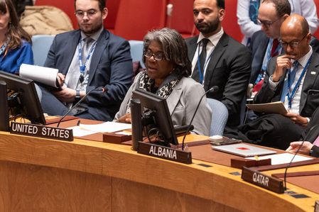 Ambassador of the USA Linda Thomas-Greenfield speaks during a Security Council meeting on the situation in the Middle East, including the Palestinian question at UN Headquarters. The Security Council adopted a unanimous statement by the President of the Security Council proposed by the United Arab Emirates condemning the expansion of Israeli settlements in occupied Palestinian territory. The Israeli Ambassador condemned terrorist attacks on Israeli civilians by Palestinian militants.