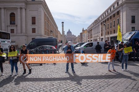 Protest in solidarity with "Ultima Generazione" activists on the occasion of the second hearing of the Vatican trial against Guido Viero and Ester Goffi, the two citizen activists of "Ultima Generazione" who last summer joined together to protest against climate change at the base of the statue of Laocoon in the Vatican Museums.