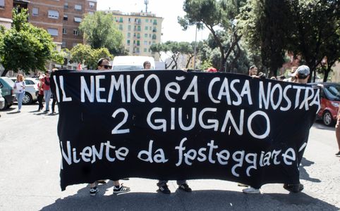 Hundreds of people protest against wars on June 2, the day Italy celebrates the Republic with military and armed forces parades. Shouts and signs at the passage of military planes for the parade.