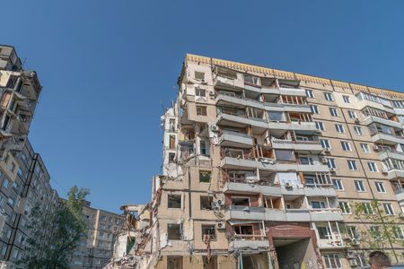 View of destroyed residential buildings in Dnipro caused by Russian missle attacks where dozens of people including children were killed during the war Russia wages against Ukraine.