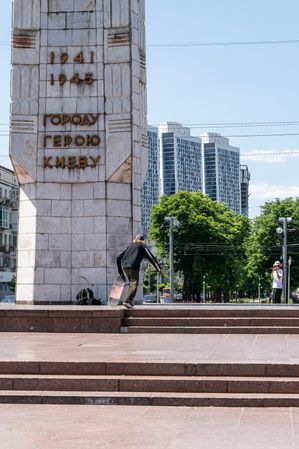 View of the Obelisk of the Hero City of Kyiv on Victory Square which will be removed because of Russian aggression against Ukraine.