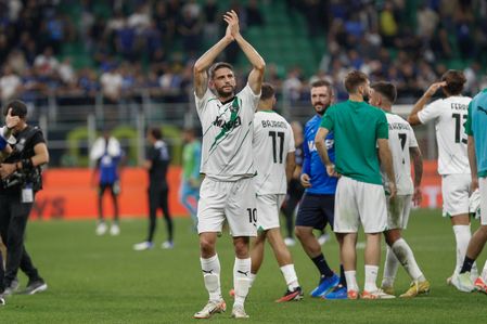 Italy, Milan, september 27 2023: Domenico Berardi (Sassuolo striker) after the victory greets the fans in the stands at the end of soccer game FC Inter vs Sassuolo, Serie A 2023-2024 day 6 at San Siro Stadium