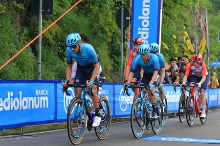 Tramonti , Salerno , Italy - May 11,2023 : Seen cyclists during the sixth stage of the Italian cycling tour from Naples with return to Naples. Grand Prix of the mountain at the pass of Chiunzi that leads from the agro Nocerino Sarnese to the Amalfi coast. 162 km long stage won by Pedersen Mads of the Trek - Segafredo team.