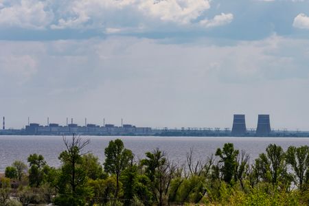 View of Zaporizhzhya Nuclear Power Plant from right bank of Dnipro river. At the moment the left bank of the Dnipro River is occupied by Russian forces including the nuclear plant.