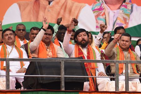 From Left Side to Suvendu Adhikari,Leader of the Opposition in the West Bengal Legislative Assembly, Shantanu Thakur,Minister of State for Ministry of Ports, Shipping and Waterways of India,Nisith Pramanik,Minister of State for Home Affairs of India and Bharatiya Janata Party (BJP) IT Cell chief Amit Malviya sit on the front row during a public meeting organised by the Bharatiya Janata Party (BJP) in Kolkata on November 29, 2023.