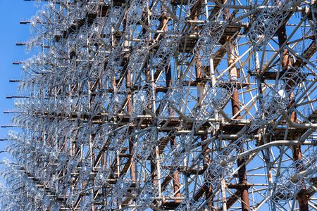 View of Russian built military installation on Duga radar receiver in Chernobyl area. Built for an early-warning system for missile defense and located now in the Chernobyl Exclusion zone after the nuclear plant disaster and abandoned because of radioactive contaminants.
