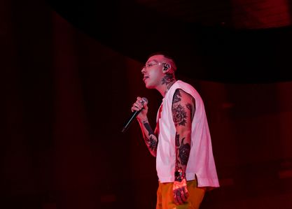 Italian singer Lazza live on the Palapartenope stage in Naples for his Oveur Tour 2023.