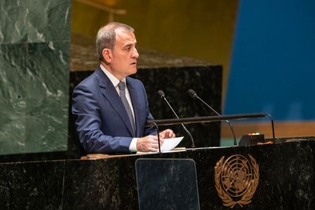 Foreign Minister of Azerbaijan Jeyhun Aziz Oglu Bayramov speaks during the UN General Assembly 78th Session at the UN Headquarters.