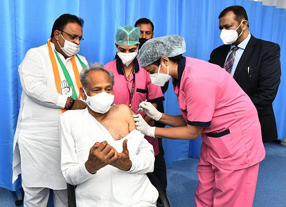 Rajasthan Chief Minister Ashok Gehlot being administered the COVID-19 vaccine, during a countrywide inoculation drive, at SMS Hospital in Jaipur. The second phase of the COVID-19 vaccination drive started for people 60 years of age and above.