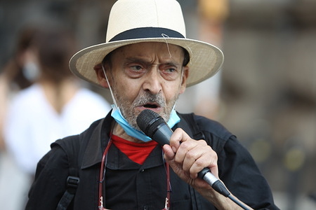 Protesters in the square in Naples against the G20.In picture Oreste Scalzone Italian activist. Founder and exponent of the extra-parliamentary political organizations Potere Operaio and Autonomia Operaia