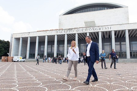 President of Fratelli d'Italia Giorgia Meloni in front of Palazzo dei Congressi in Rome after press conference
. President of Fratelli d'Italia Giorgia Meloni and center-right candidate Enrico Michetti presented to the press the electoral list of Fratelli d'Italia for administrative elections of next 3 and 4 October 2021 in front of Congress Palace in Rome.