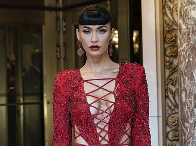 Megan Foxwearing dress by Peter Dundas departs The Pierre Hotel for Met Gala Celebrating In America: A Lexicon Of Fashion.