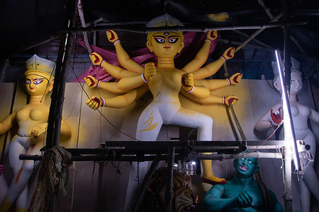 Idols of Goddess Durga along with her children are being prepared at Kumartuli, the Artisans hub of Kolkata, just ahead of Durga Puja, the biggest festival of Bengal. The celebration will continue for about a week, starting from 10th of this month.