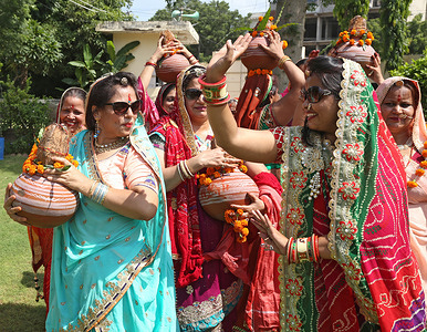 Rajasthani women dance during kalash yatra on the first day of the 9-day long Navratri festival in Beawar. Navratri festival marks the victory of Goddess Durga over the evil buffalo demon Mahishasura. Thus, Durga Puja festival epitomises the victory of Good over Evil in Hindu mythology, culminates in the immersion of idols in bodies of water. The festival will continue till October 15.