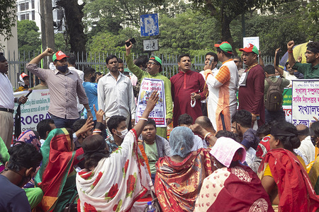 Activists stage demonstration in protest against vandalism of temples and mandaps during Durga Puja festival in several districts and arson attack on shops and houses belonging to the Hindu community in Dhaka.