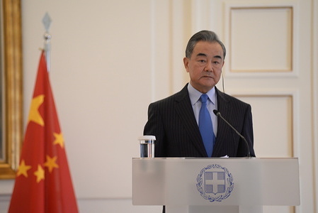 Foreign Minister of the People's Republic of China Wang Yi, during the stements to the press with Greek Minister of Foreign Affairs, Nikos Dendias.