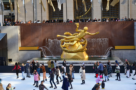 Ice skating rink at Rockefeller Center in Midtown Manhattan, New York City opened today. People are seen skating on November 6, 2021.