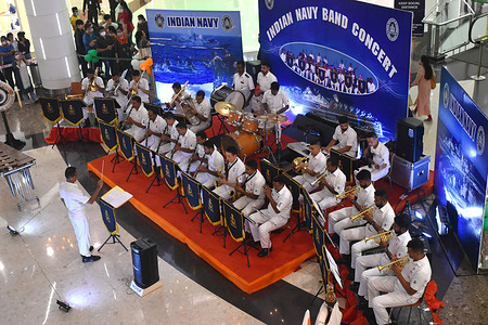 Indian Navy Naval Band performs inside a shopping mall to commemorate the Golden jubilee of the Nations Victory in the 1971 Indo - Pak war culminating in the liberation of the nation of Bangladesh.