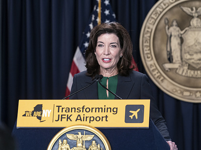 Governor Kathy Hochul makes an announcement to build new international terminal at JFK airport at NYC governor office. Governor announced that the Port Authority of New York and New Jersey has reached a revised agreement with The New Terminal One - a consortium of private/public financial sponsors - to build a 2.4 million square foot state-of-the-art new international terminal that will anchor the south side of John F. Kennedy International Airport.