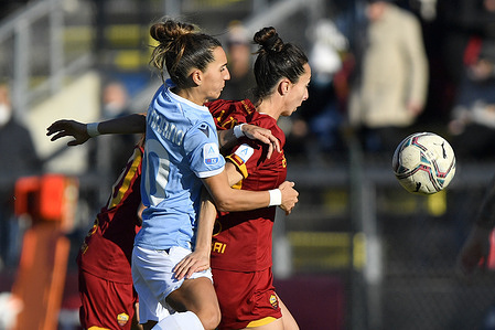 Paloma Lazaro of AS Roma Women and Virginia Di Giammarino of S.S. Lazio Women during the 11th day of the Serie A Championship between A.S. Roma Women and S.S. Lazio Women at the stadio Tre Fontane on 12th of December, 2021 in Rome, Italy.