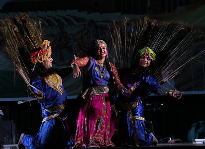 Indian artists performing live traditional Indian folk dance on Stage at Green Room on Kolkata.