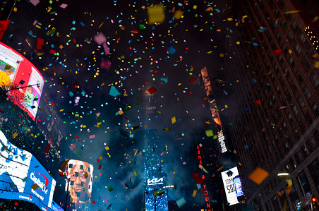 Confetti flies through the air in Times Square just after the annual ball drop January 01, 2022 in New York City.