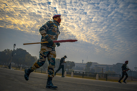 The President's Bodyguard participating the Republic day rehearsal on a winter morning, at Rajpath, on January 4, 2022 in New Delhi, India. 
The President's Bodyguard is an elite household cavalry regiment of the Indian Army. It is senior-most regiment in the order of precedence of the units of the Indian Army.
