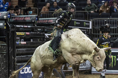 Jess Lockwood of Volborg, Montana rides a bull during PBR Unleash The Beast at Madison Square Garden. This is an annual event, which was canceled in 2021 because of COVID-19 pandemic and returned this year with COVID protocol in place.