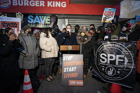 Mark Levine speaks during the rally against gun violence on the site of senseless killing of 19-years old woman during robbery at Burger King in East Harlem. Kristal Bayron-Nieves was shot during a hold-up while working an overnight shift. Activists and elected officials gathered on the site of this tragedy to make sure that their voice is heard and to prevent such a tragedy from happening again. They were joined by Public Advocate Jumaane Williams and also mayor Eric Adams and Police Commissioner Keechant Sewell attended.