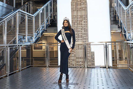 Miss Universe Harnaaz Sandhu of India wearing dress by Halston visits the Empire State Building observatory. She will reside in the city for one year as part of her duty as Miss Universe.
