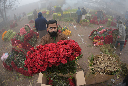 A view of the Asia largest flower market as traders are busy in sales and purchase at Saggian area during dense foggy weather in Lahore. Pakistani residents and commuters are more worried than surprised due to the layer of dense Fog which is causing problems in respiration, visibility and has also hampered smooth flow of traffic, residents of Lahore woke up to a dense blanket of Fog on Thursday that reduced visibility for commuters and prompted several complaints of respiratory problems and mental anguish.
