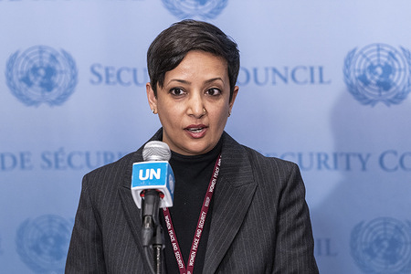Executive Director of NGO Working Group on Women Peace and Security Kaavya Asoka speaks during Security Council stakeout with Foreign Minister of Norway Anniken Huitfeldt at UN Headquarters. They briefed reporters after the Security Council meeting on protecting participation: addressing violence targeting women in peace and security processes.