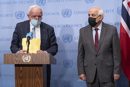 Riad Al-Malki, Minister for Foreign Affairs and Expatriates of the State of Palestine speaks at Security Council stakeout in UN Headquarters. Minister made a statement after Security Council meeting on the situation in the Middle East, including the Palestinian question. Minister was joined by Riyad Mansour, Permanent Observer of the State of Palestine to the United Nations.