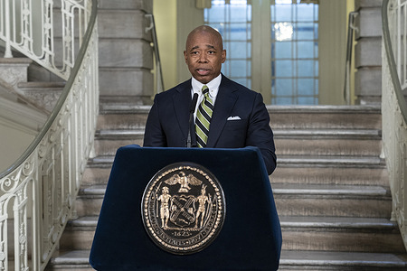 Mayor Eric Adams speaks during announcement to create Office of Technology and Innovation at City Hall Rotunda. New agency will consolidate all city technology agencies under a single authority to streamline their operations and foster inter-agency cooperation. Chief Technology Officer Matthew Fraser will lead new agency.