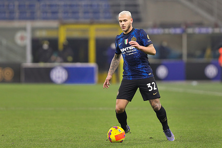 Italy, Milan, jan 22 2022: Federico Dimarco (Inter defender) dribbles in front court in the second half during footbal match FC INTER vs VENEZIA; Serie A 2021-2022 day23 at San Siro stadium