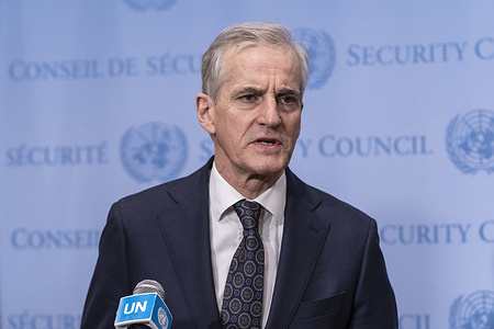 Stakeout with Prime Minister of Norway Jonas Gahr Store after the Security Council meeting on Protection of civilians in armed conflict at UN Headquarters. Norway is the President of Security Council for the month of January.